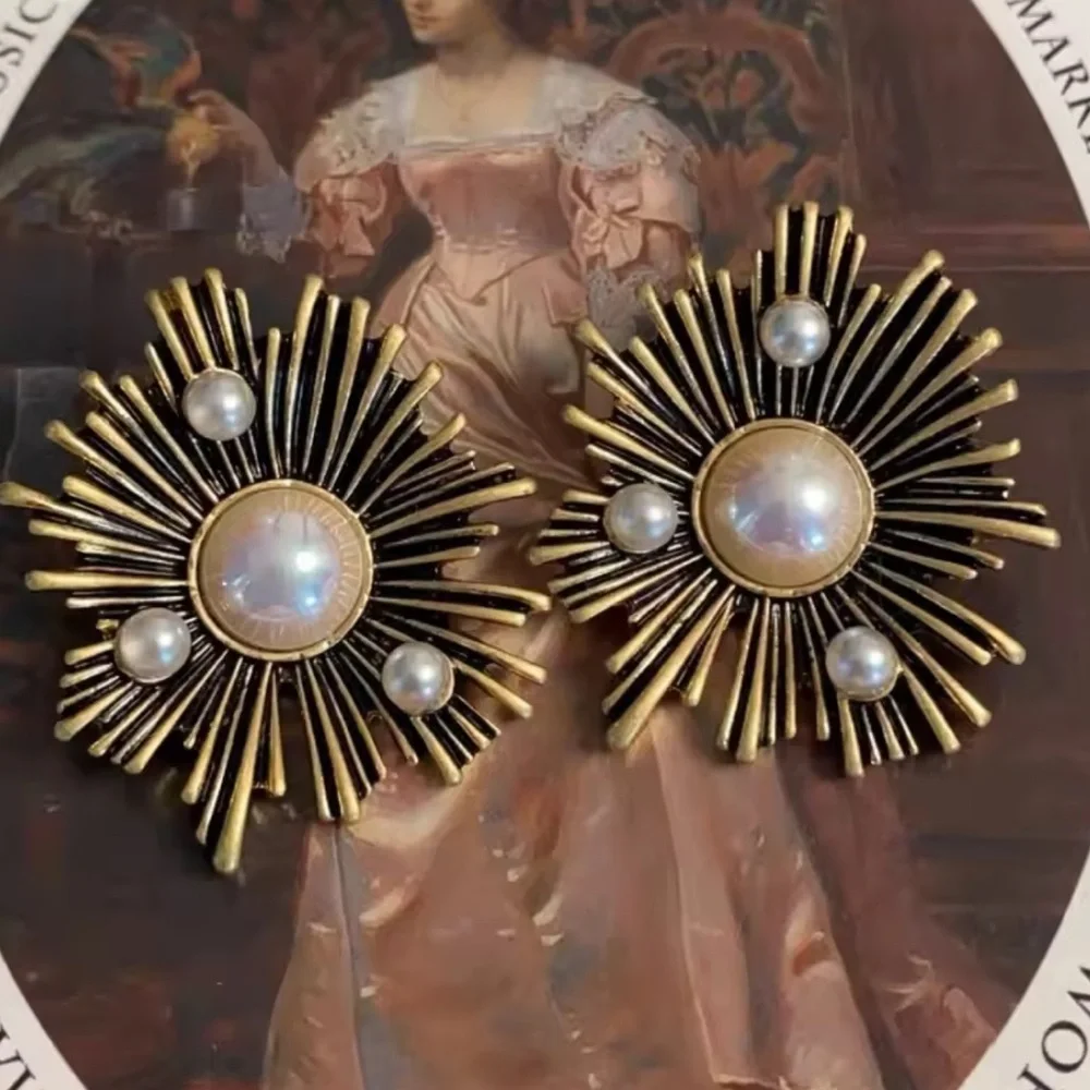 Vintage Gold Pearl Sunburst Earrings